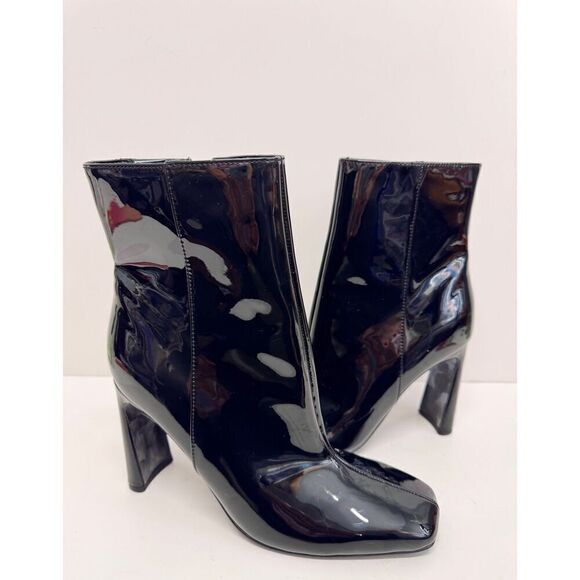 Nine West Boots Size Patent Leather Size 8 Black Block Heel Square Toe - Picture 2 of 10